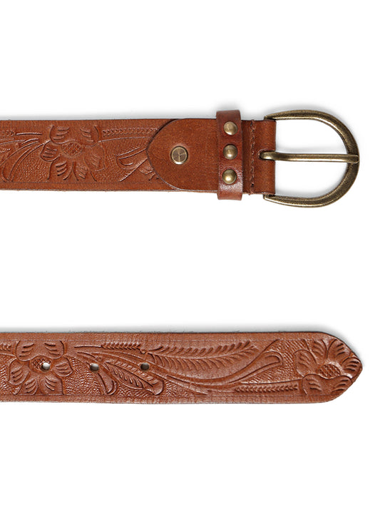 Cognac Hand-tooled Design Leather Belt By Art N Vintage