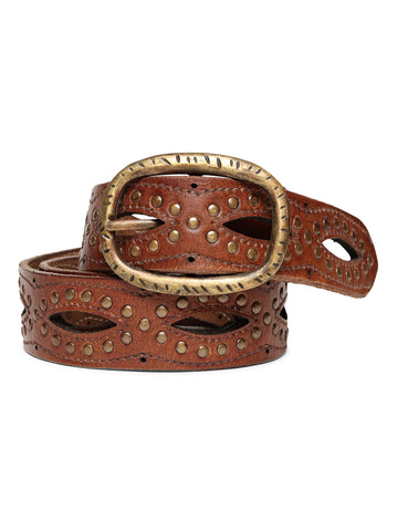 Cognac Laser With Studded Leather Belt For Women By Art N Vintage