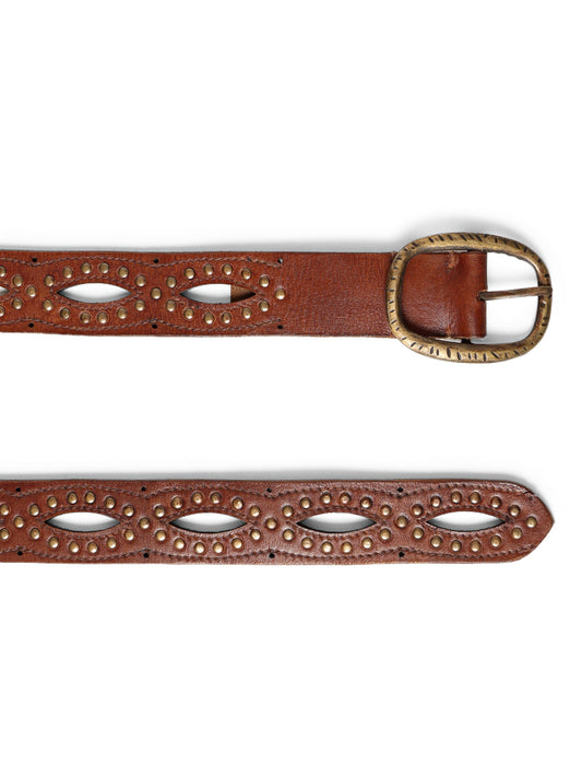 Cognac Laser With Studded Leather Belt For Women By Art N Vintage