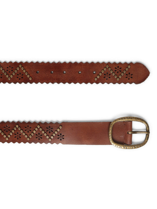 Cognac Studded Genuine Leather Belt By Art N Vintage