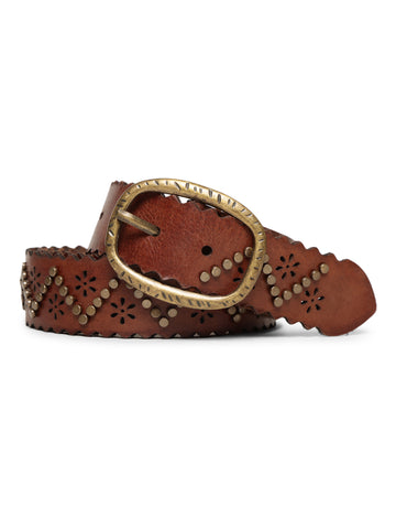 Cognac Studded Genuine Leather Belt By Art N Vintage
