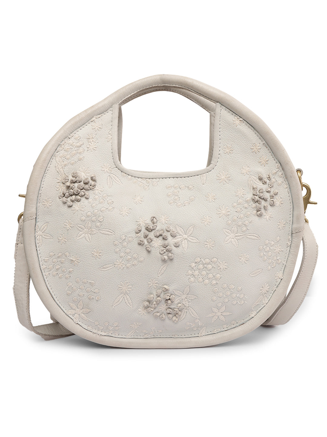 Floral Bliss: Round White Leather Handbag with Flower Embroidery