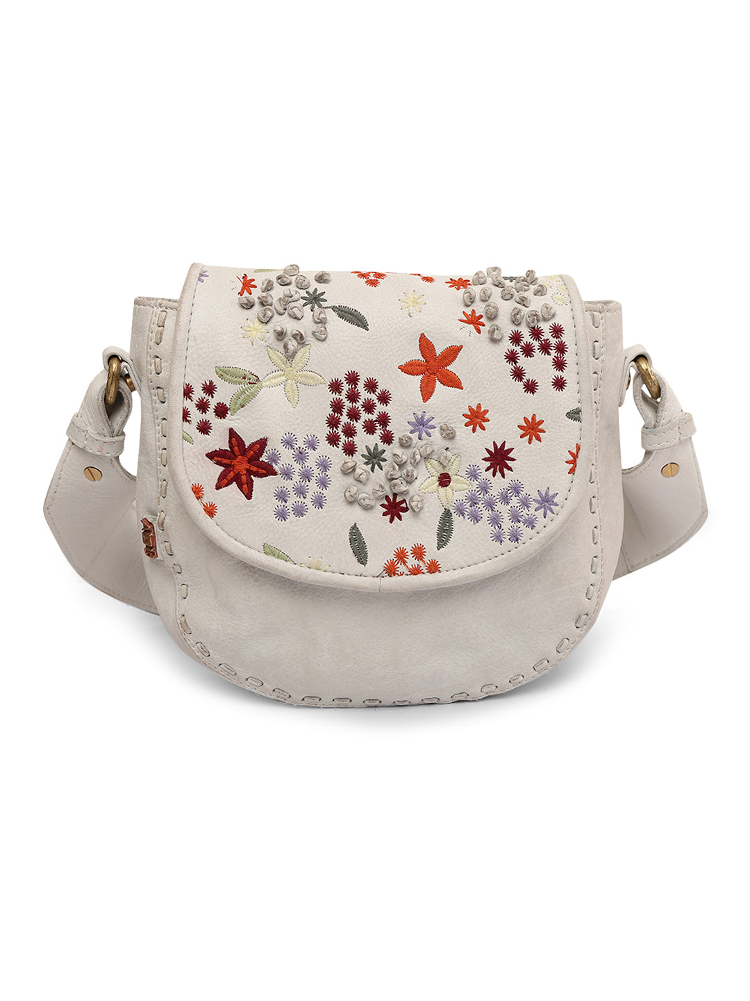 Floral Bliss: White Leather Crossbody bag with Colorful Flower Embroidery