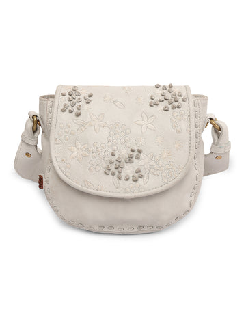 Floral Bliss: White Leather Crossbody bag with Flower Embroidery