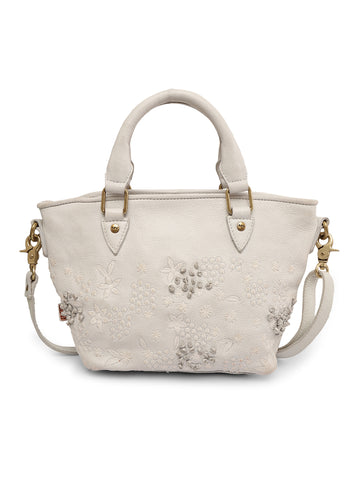 Floral Bliss: White Leather Mini Tote bag with Flower Embroidery