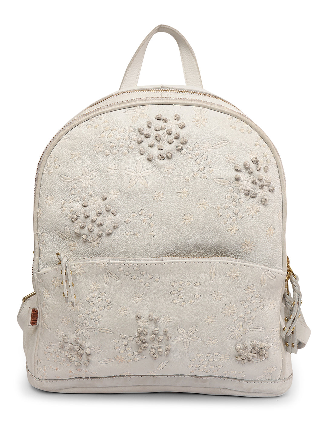 Floral Bliss White Leather Backpack bag with Colorful Flower Embroide