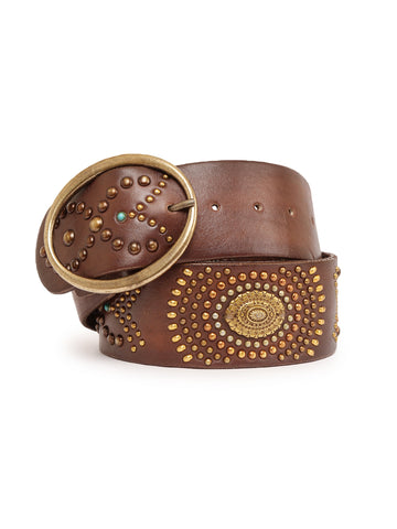 Brown Jewelled Wide Hip Belt in Leather by Art N Vintage