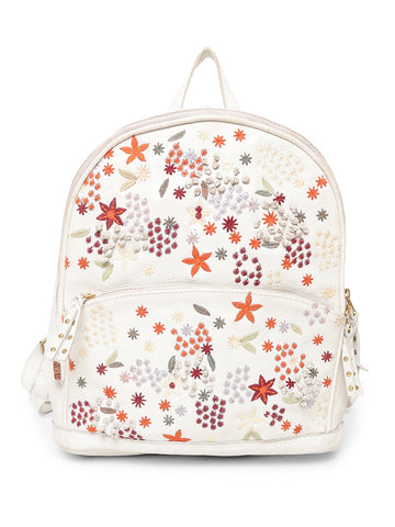 Floral Bliss: White Leather Backpack bag with Colorful Flower Embroidery