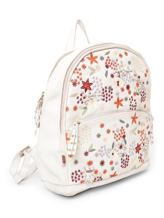 Floral Bliss: White Leather Backpack bag with Colorful Flower Embroidery