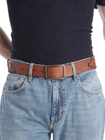 Cognac Studded Leather Belt by Art N Vintage