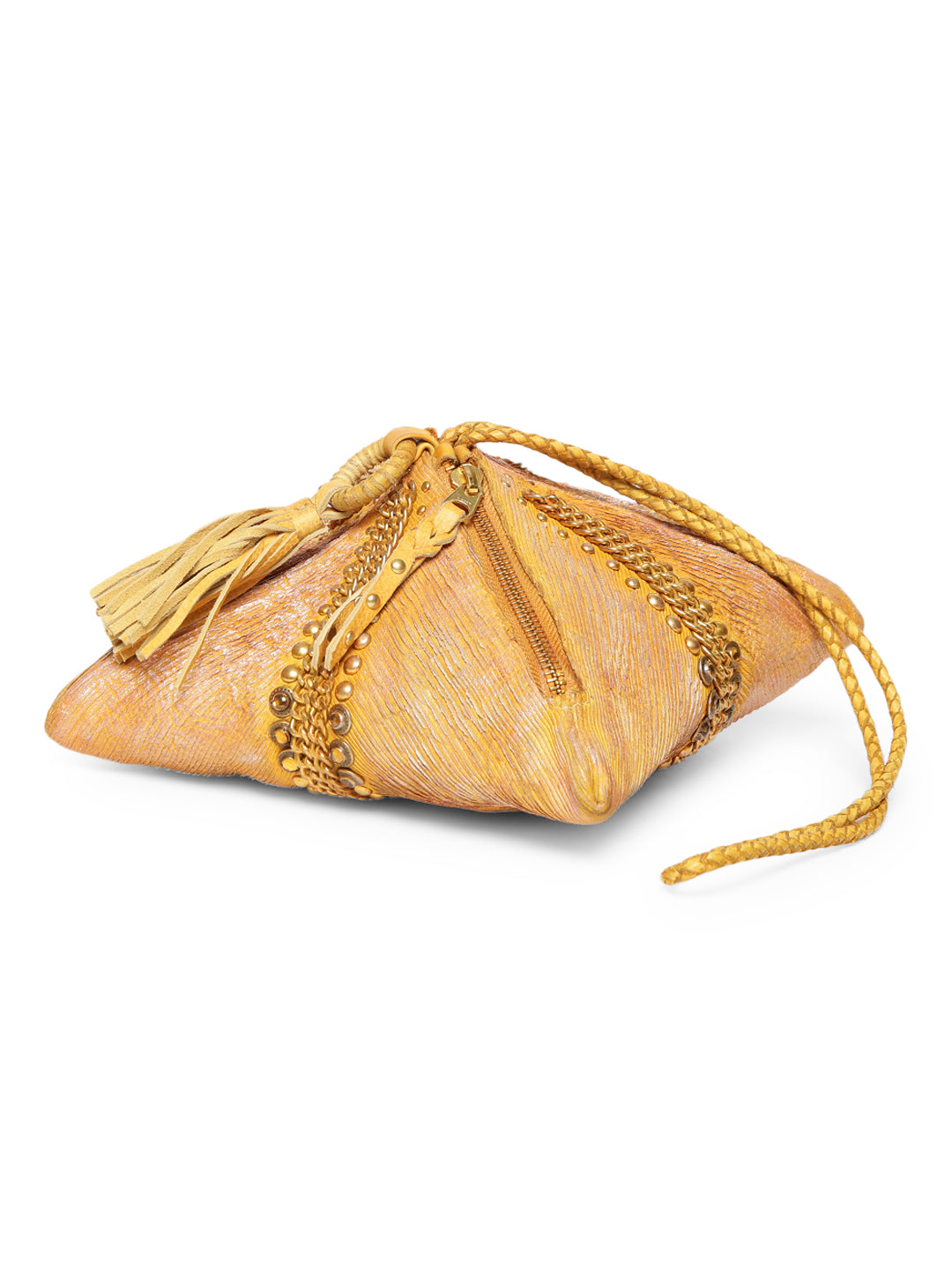 SILVIA: Sunny Yellow Sleek Leather Bag in Triangular Form By Art N Vintage