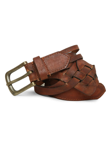 Cognac Interlaced Genuine Leather Belt By Art  Vintage