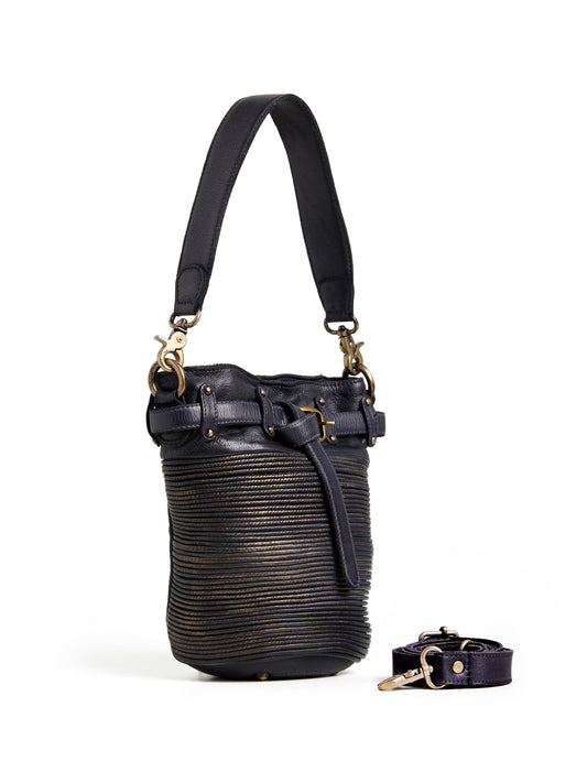 Art N Vintage Inspired Womens Textured Leather Bucket Bag Navy Blue