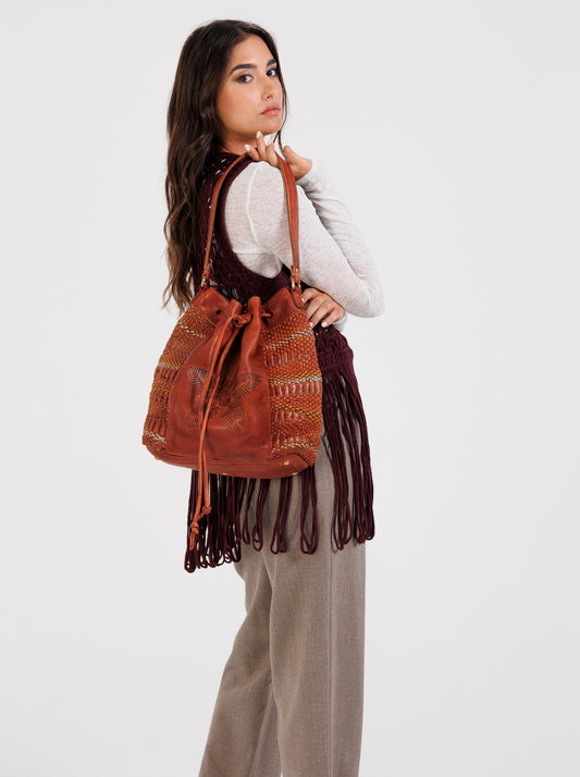 Cayla Handcrafted Cognac Leather & Woven Bucket Bag