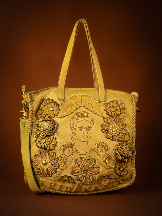 FRIDA KAHLO : Yellow Leather Shoulder Bag By Art N Vintage