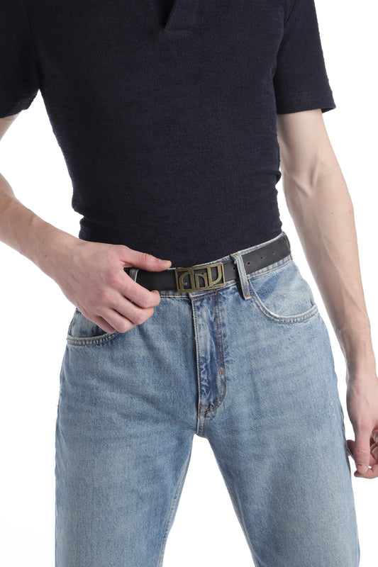 Black Premiume Leather  Belt With ANV Buckle by Art N Vintage