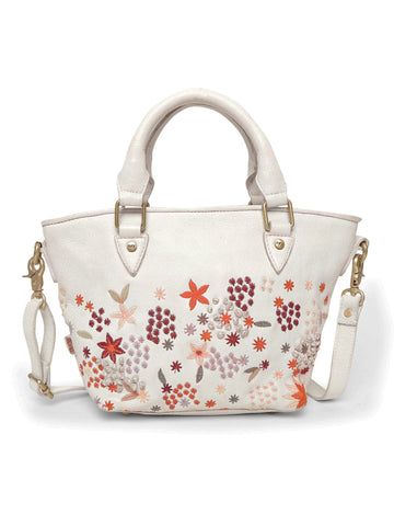 Floral Bliss: White Leather Mini Tote bag with Flower Embroidery