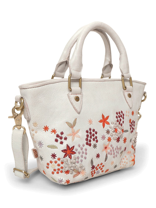 Floral Bliss: White Leather Mini Tote bag with Flower Embroidery