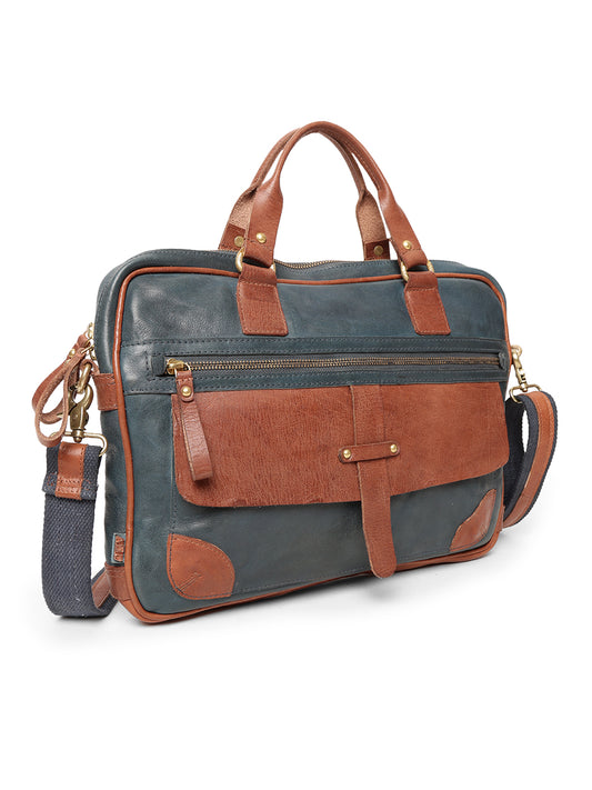 Winger : Navy With Cognac Real Leather Laptop Bag by Art N Vintage