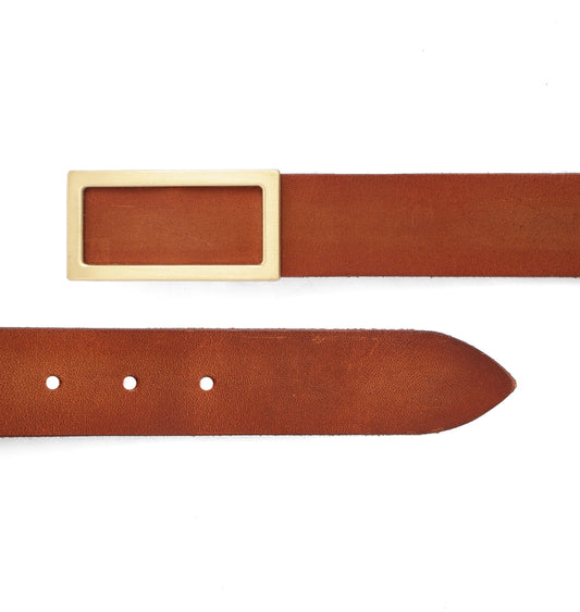 Tan Modern Minimalist Rectangular Buckle Belt by Art N Vintage