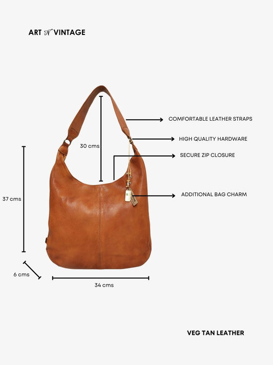 Zarina: Tan Washed Leather Shoulder Hobo Bag