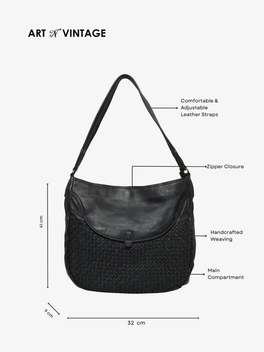 Avea: Navy Leather Weaved Hobo Bag