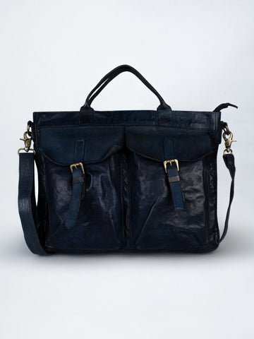 Vintage Navy Blue Leather Laptop Bag With Front Pocket For Men & Women