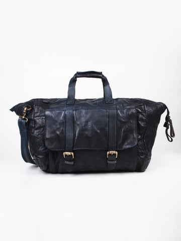 Ethan: Navy Weekender Bag In Washed Leather For Travel