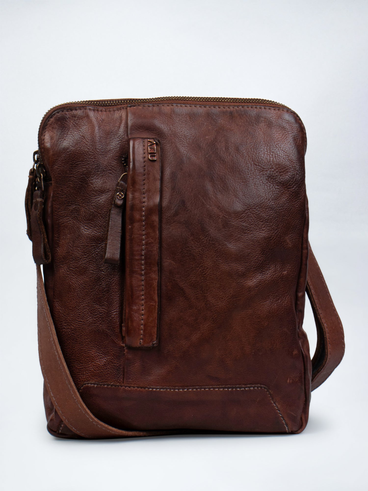 Cognac Leather Washed Look Crossbody Bag