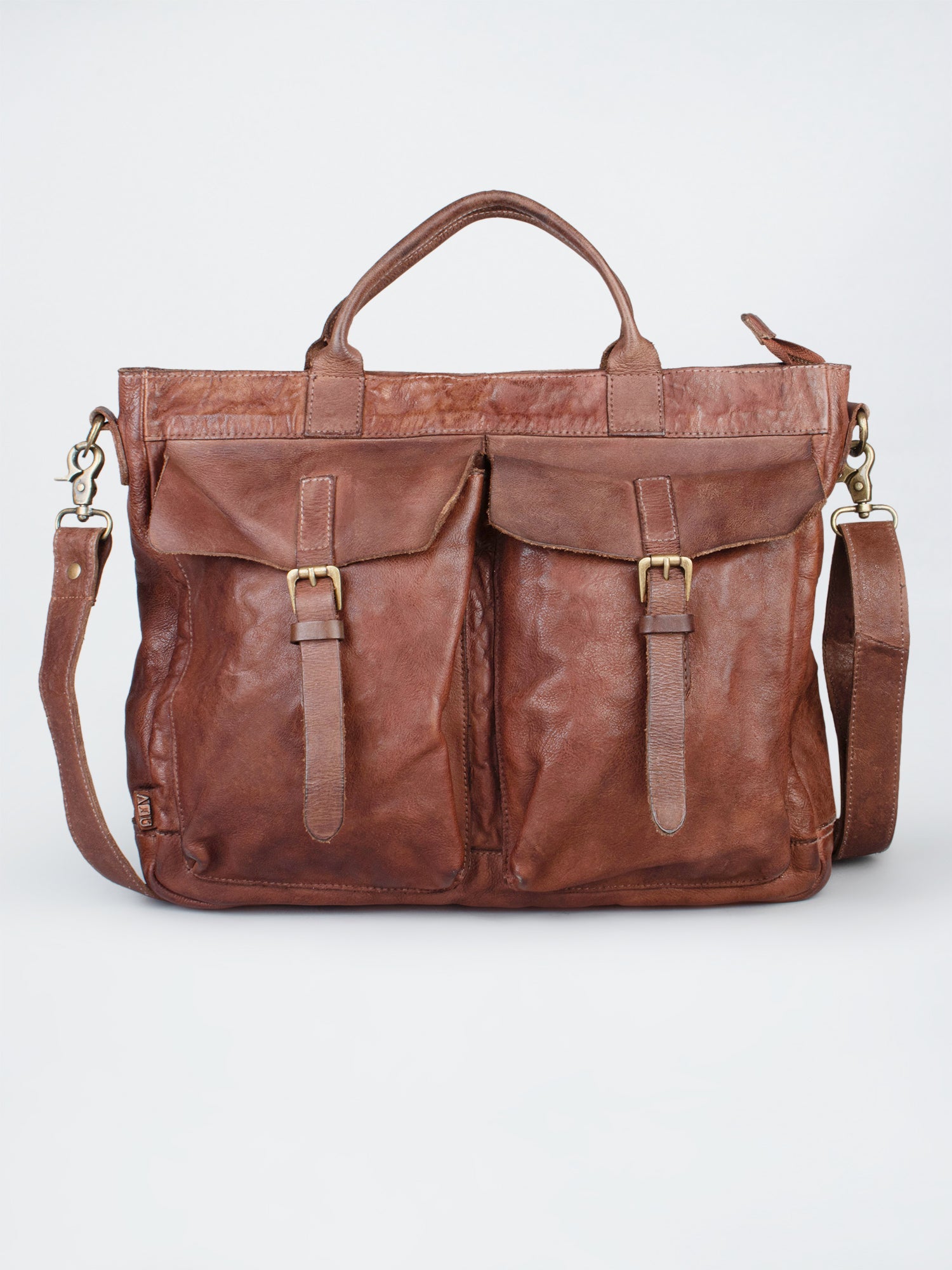 Vintage Cognac Leather Laptop Bag With Front Pocket For Men & Women