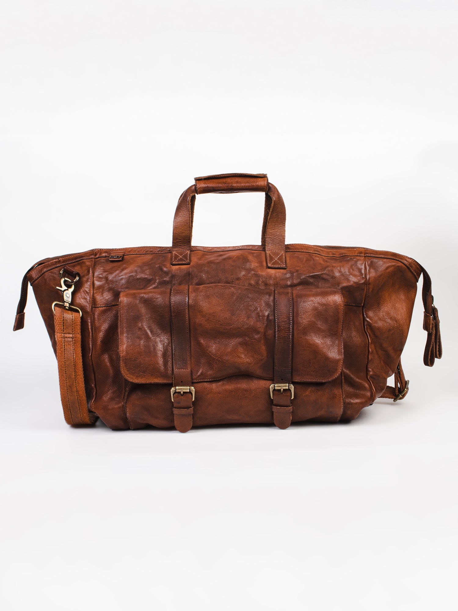 Ethan: Cognac Weekender Bag In Washed Leather For Travel