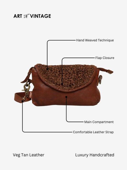 Cognac Leather Sling Bag With Weaving