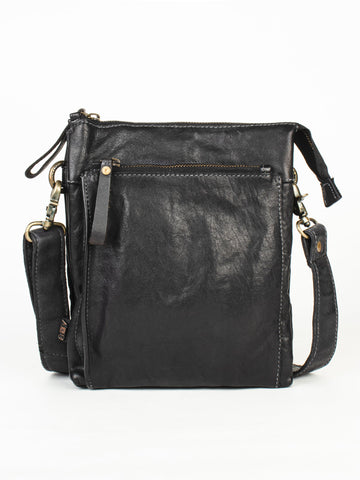 Black Washed Veg Tan Leather Multiple Compartment Crossbody
