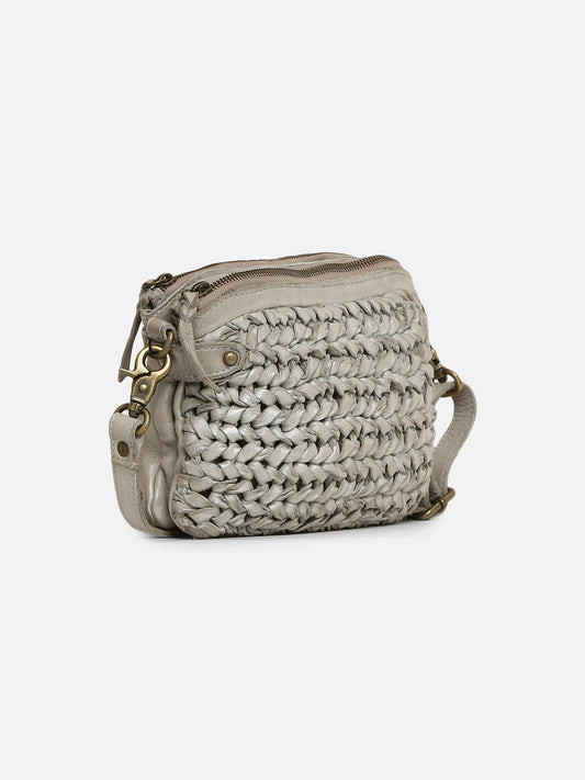Genuine Grey Leather Sling Bag With Weaving