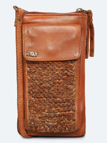 Martinka: Hand Knitted Leather Tan Phone Wallet Sling