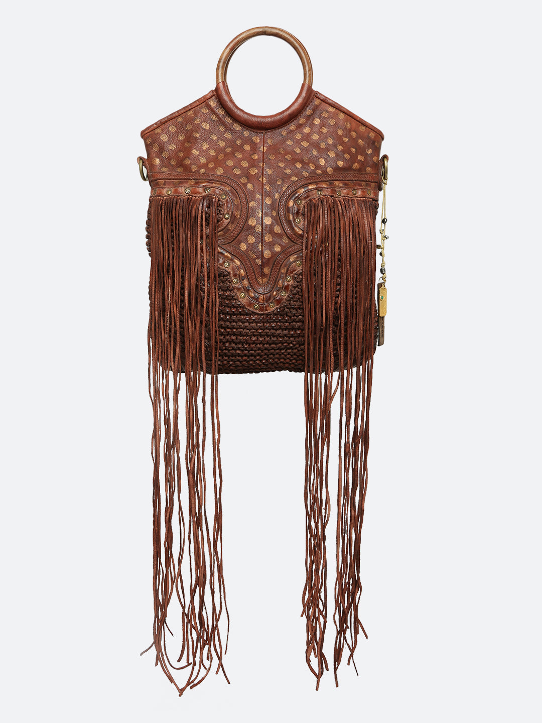 Martinka: Cognac Leather Shopper With Wooden Handle With Weaving, Fringes And Metallic Print