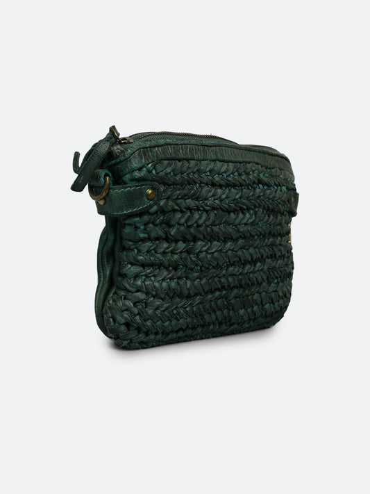 Genuine Green Leather Sling Bag With Weaving