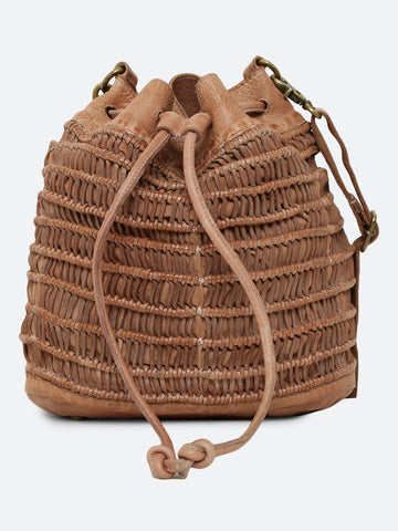 Meidl: Sand Leather Macrame Weaving Bucket Drawstring Bag