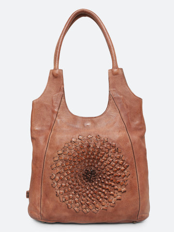Glory: Top Handle Cognac Tote With 3D Ombre Flower