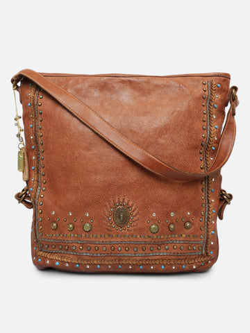 Savio: Cognac Embellished Hobo Bag In Veg Tan Leather