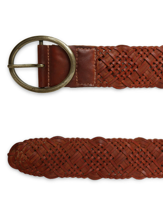 Cognac Hand Weaving Women Leather Belt By Art N Vintage