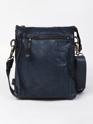 Navy Blue Washed Veg Tan Leather Multiple Compartment Crossbody