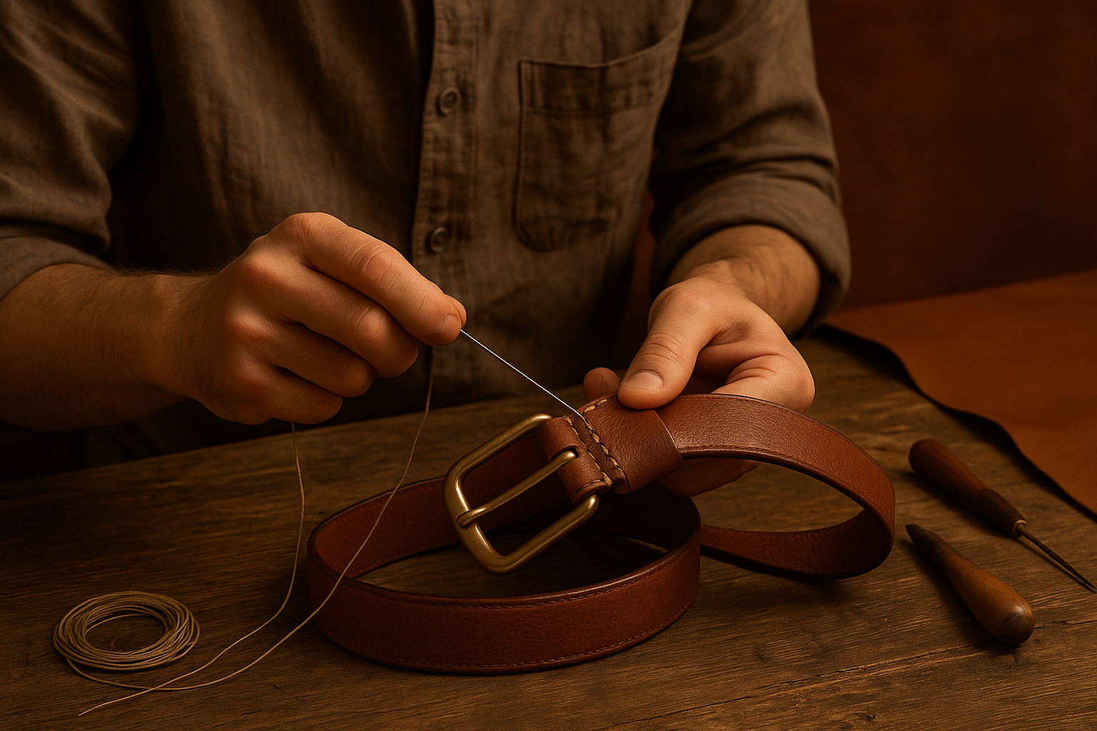 artisan stitching a leather belt by hand”, “full-grain tan leather belt close-up”, “vintage brown belt buckle detail"