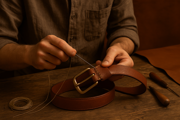 artisan stitching a leather belt by hand”, “full-grain tan leather belt close-up”, “vintage brown belt buckle detail"