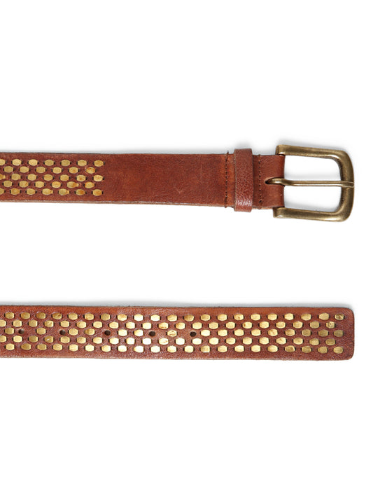 Cognac Genuine Leather Belt With Golden Catcher Rivet Design By Art N Vintage