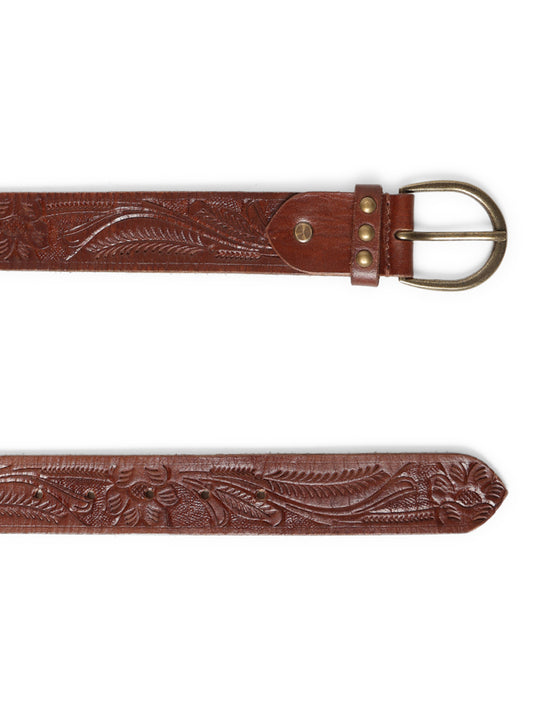 Brown Hand-tooled Design Leather Belt By Art N Vintage