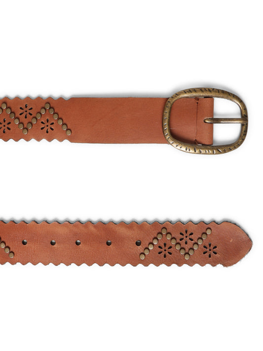Cognac Studded Genuine Leather Belt By Art N Vintage