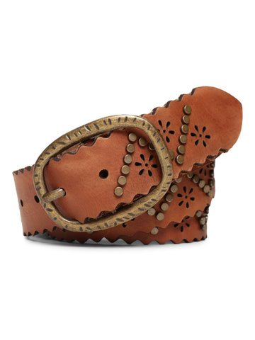 Cognac Studded Genuine Leather Belt By Art N Vintage