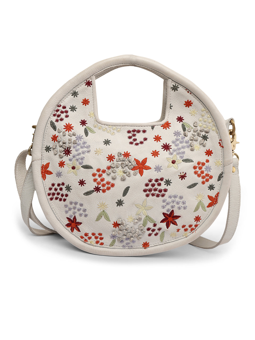 Floral Bliss: Round White Leather Handbag with Colorful Flower Embroidery