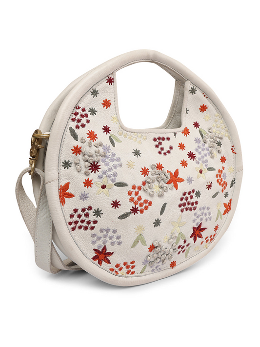 Floral Bliss: Round L.Green Leather Handbag with Flower Embroidery